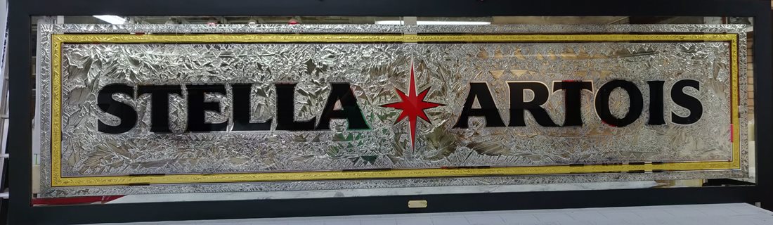 STELLA ARTOIS HAND GOLDLEAF GILDED AND CHEMICALLY SILVERED GLASS SIGN